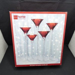 New ruby red clear glass candle holders set 5 piece graduated wedding Christmas